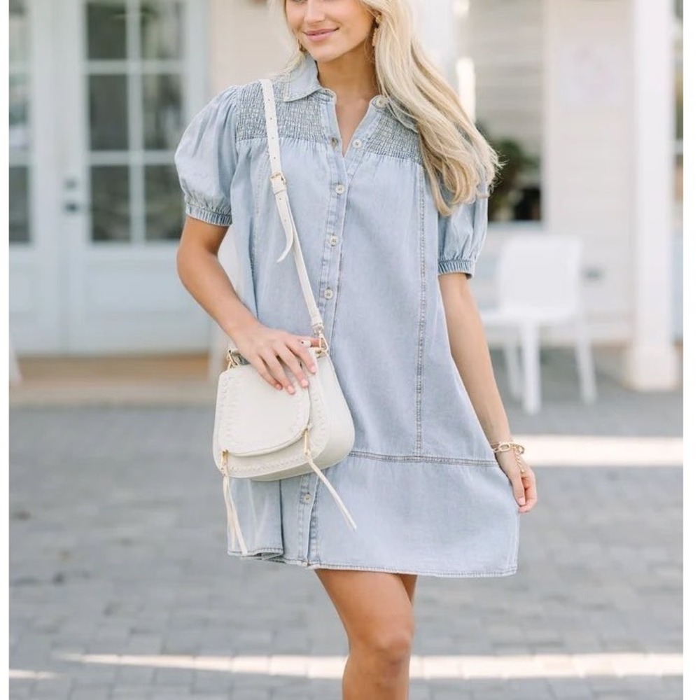 Entro Women's Medium Light Wash Denim Puff Sleeve Smocked Button Down Mini Dress
